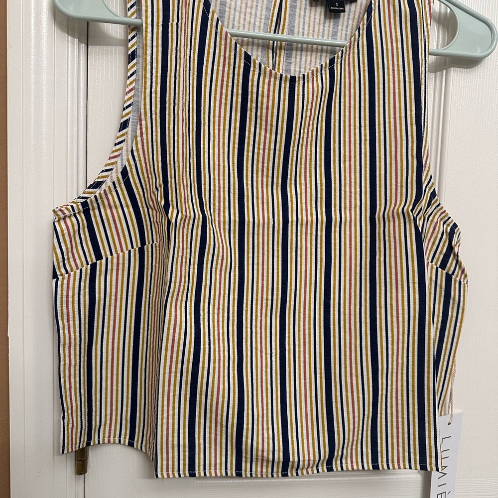 Lumiere Navy, Tan, and Pink Striped Crop Top NWT